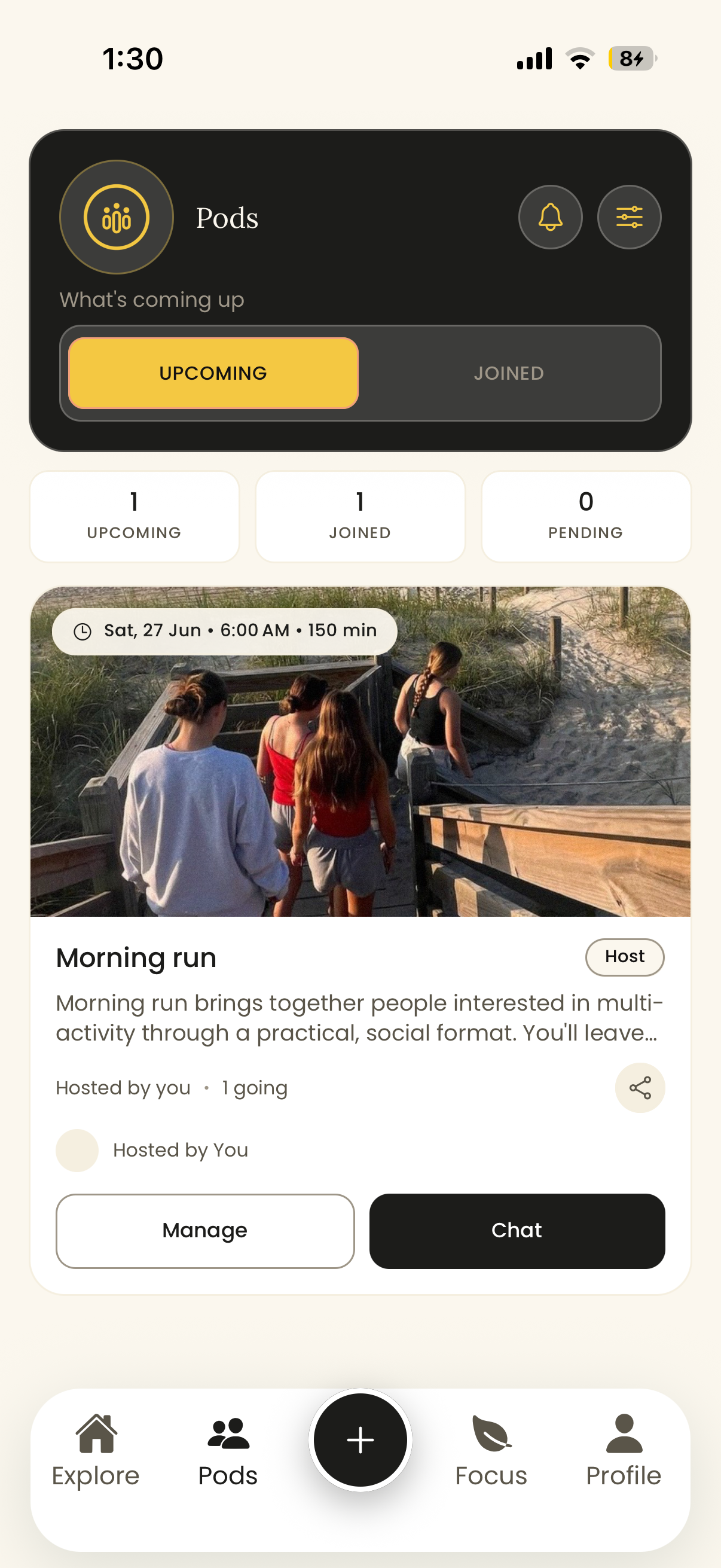 Pods Offline 'Pods' tab showing an upcoming hosted pod called Morning run with its date and time, a Host badge, and Manage and Chat buttons — where you manage a meetup after creating it